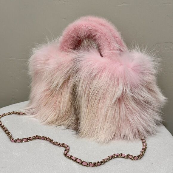 Stunning Pink Gradient Genuine Fox Fur Handmade Top Handle Satchel Bag/Crossbody - Picture 4 of 17
